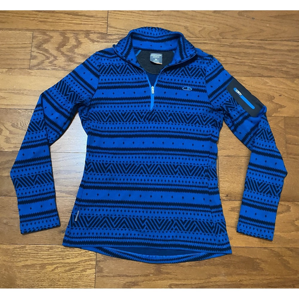 Icebreaker Merino Womens Pullover Quarter Zip Sweater Medium Wool Blue Geometric